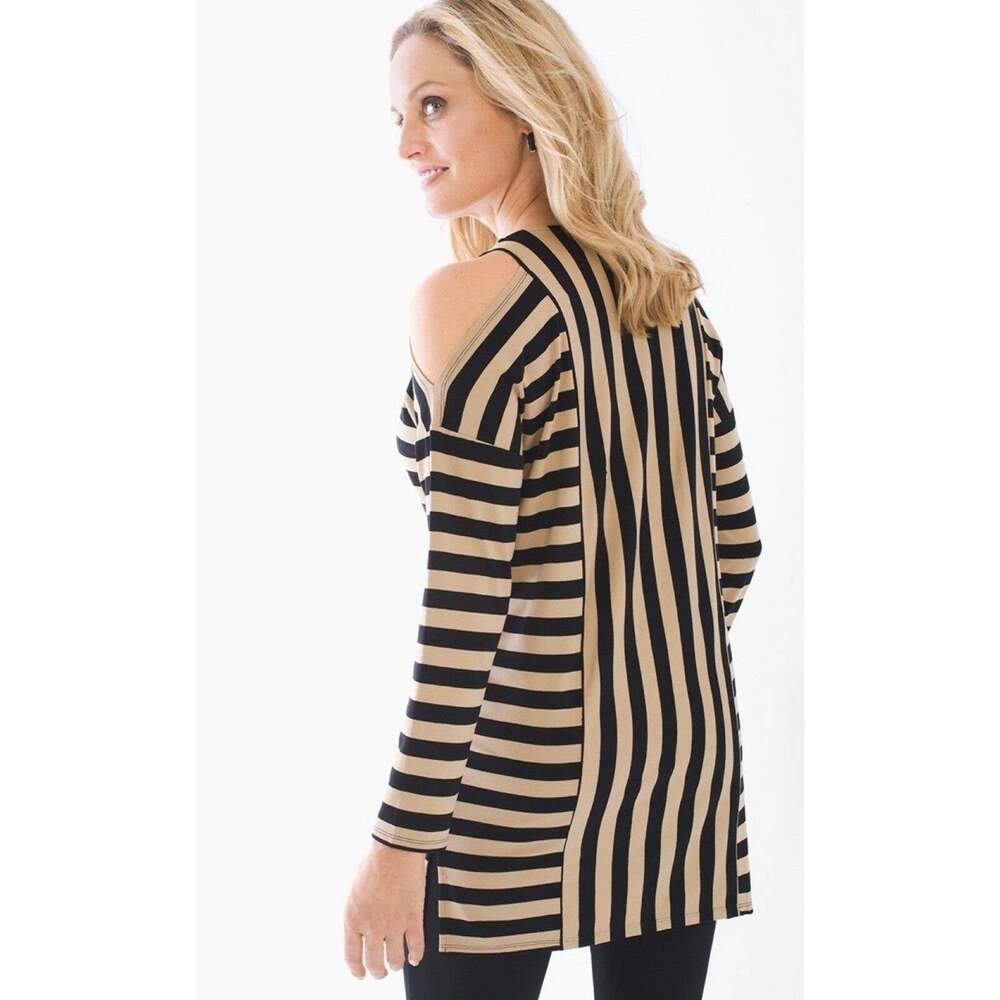 Chico’s Zenergy Women’s Tandy Cold Shoulder Tan Black Mixed Striped Tunic - Picture 2 of 10